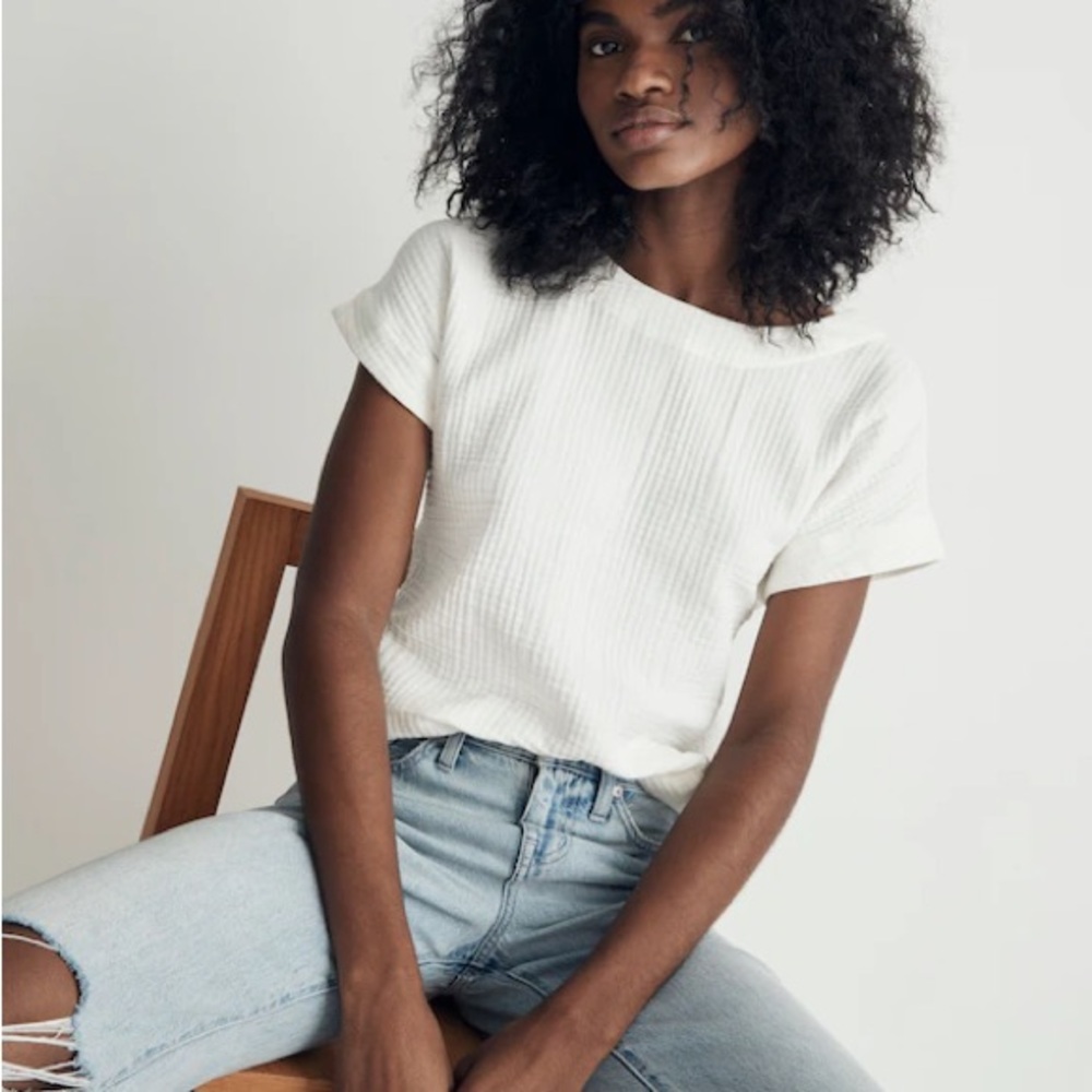 Madewell White Ribbed Short Sleeve Tee